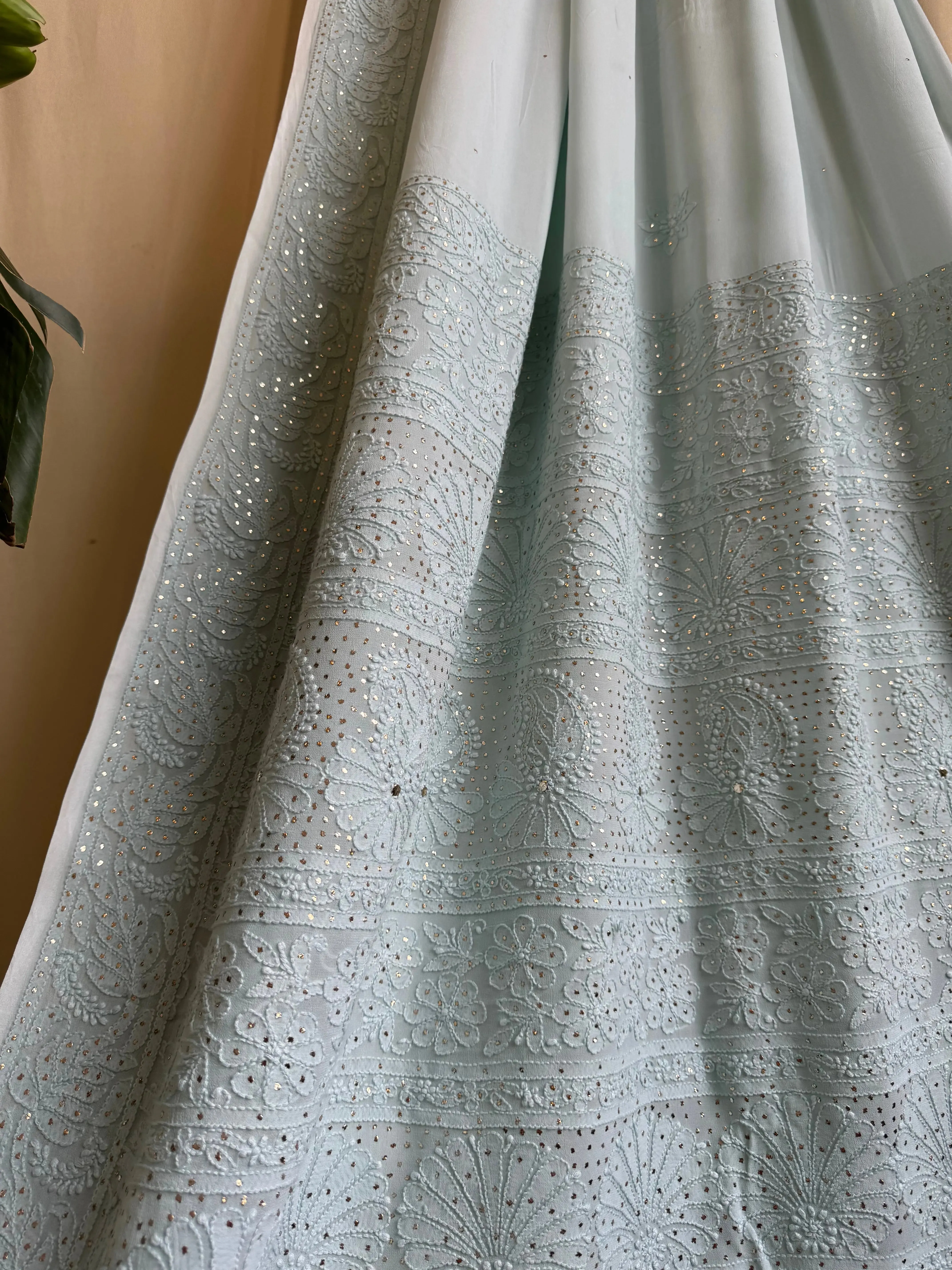 Viscose Sea Blue Chikankari saree with Mukaish Work