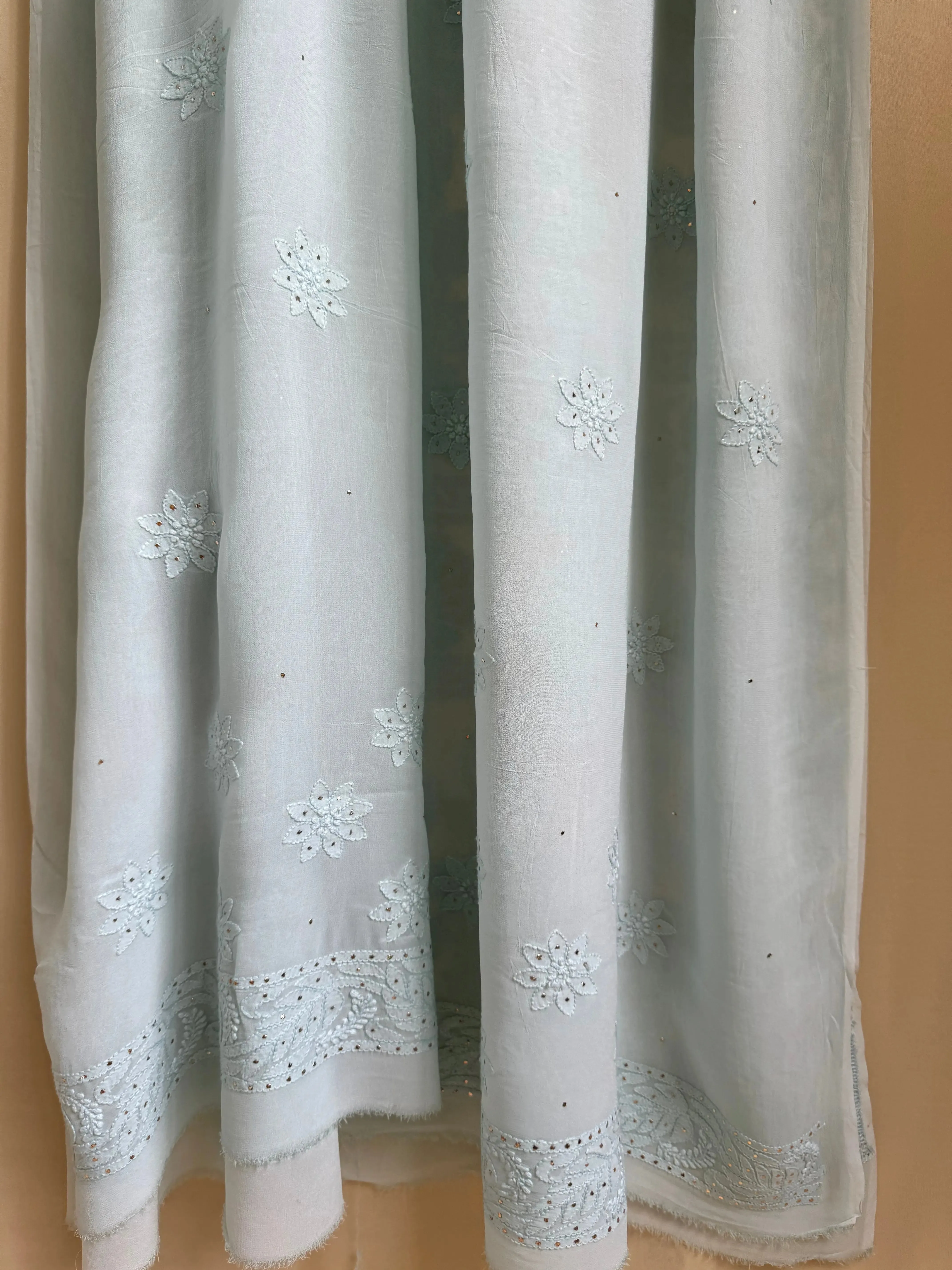 Viscose Sea Blue Chikankari saree with Mukaish Work