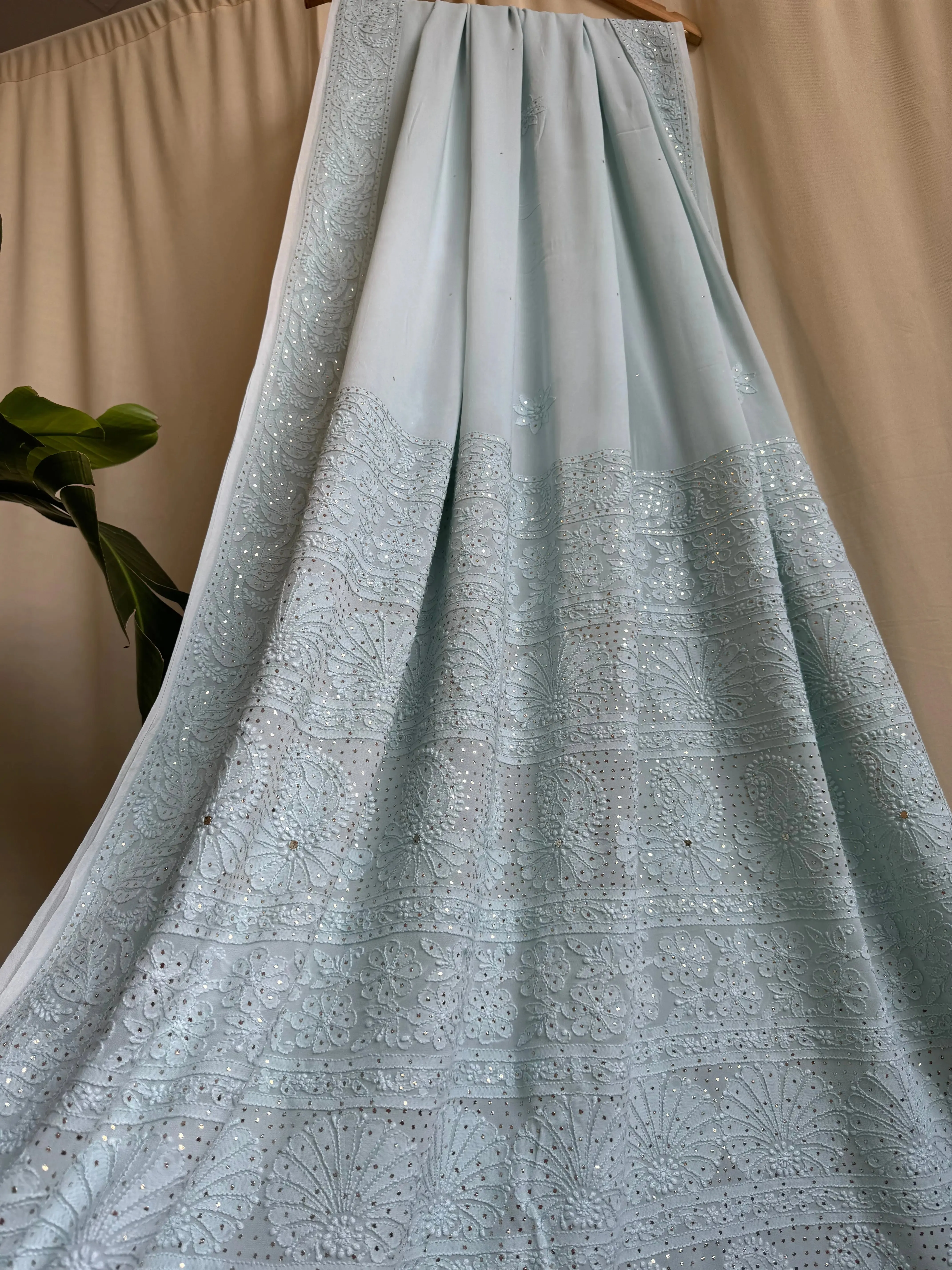 Viscose Sea Blue Chikankari saree with Mukaish Work