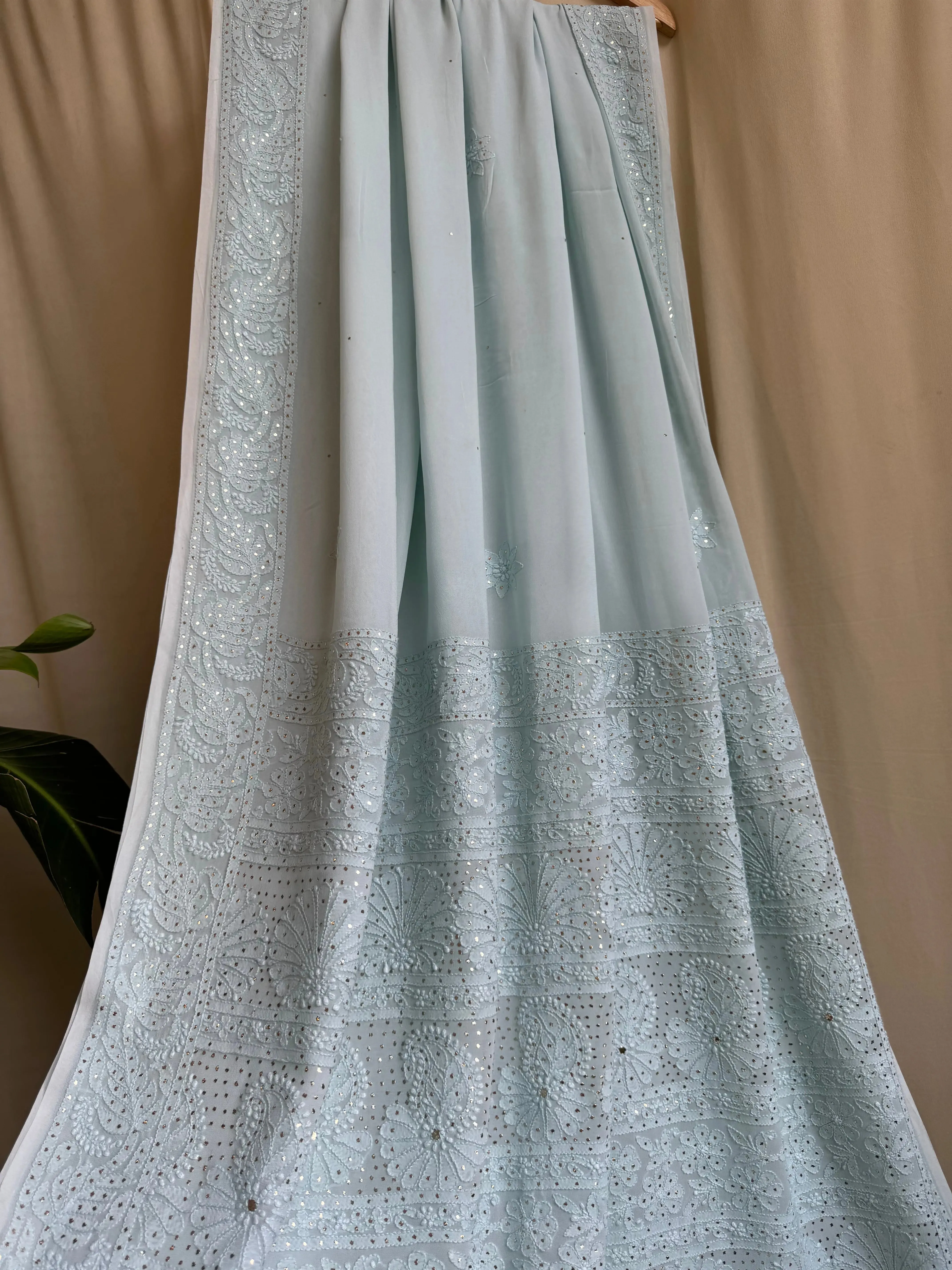 Viscose Sea Blue Chikankari saree with Mukaish Work