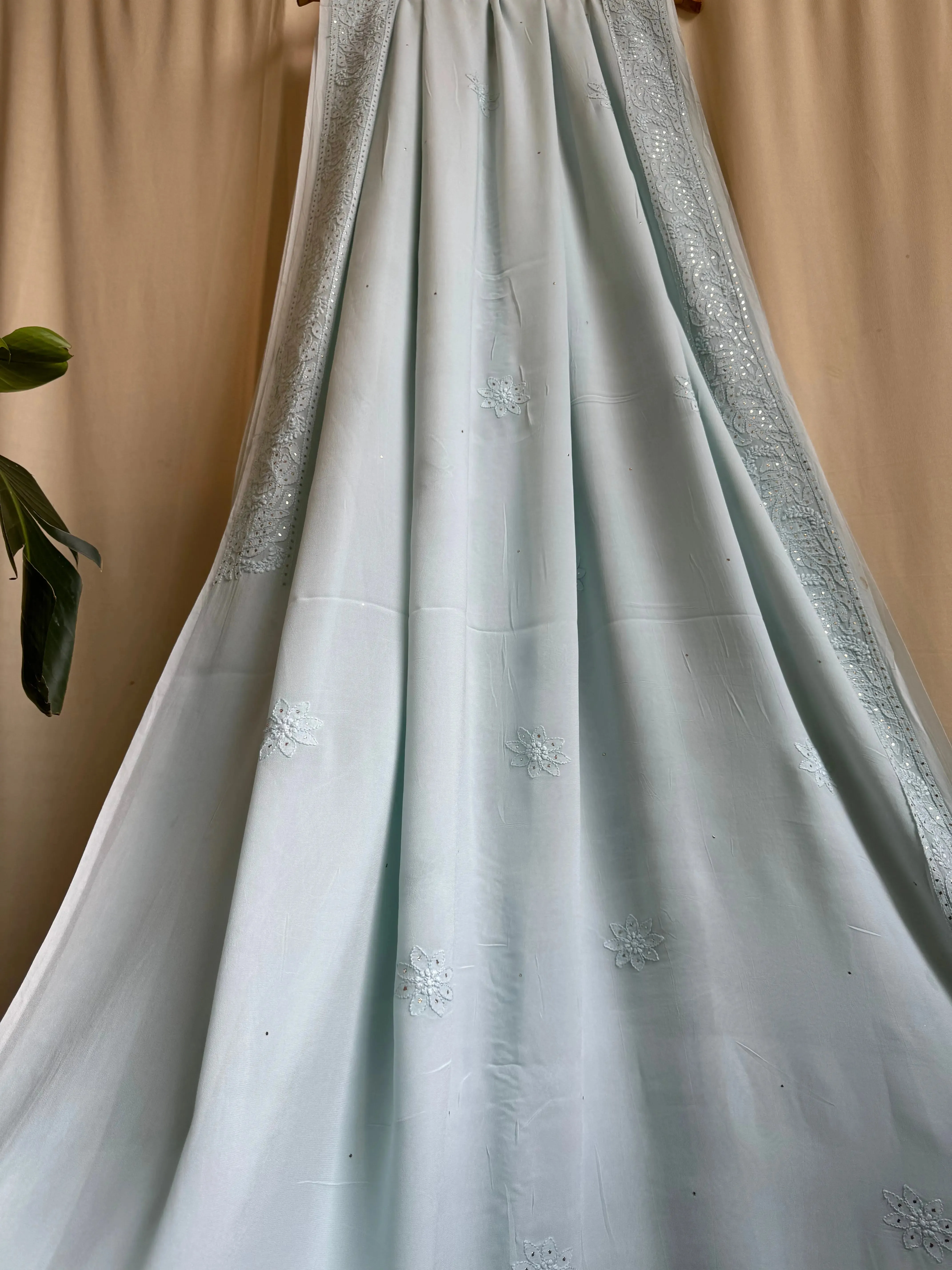 Viscose Sea Blue Chikankari saree with Mukaish Work