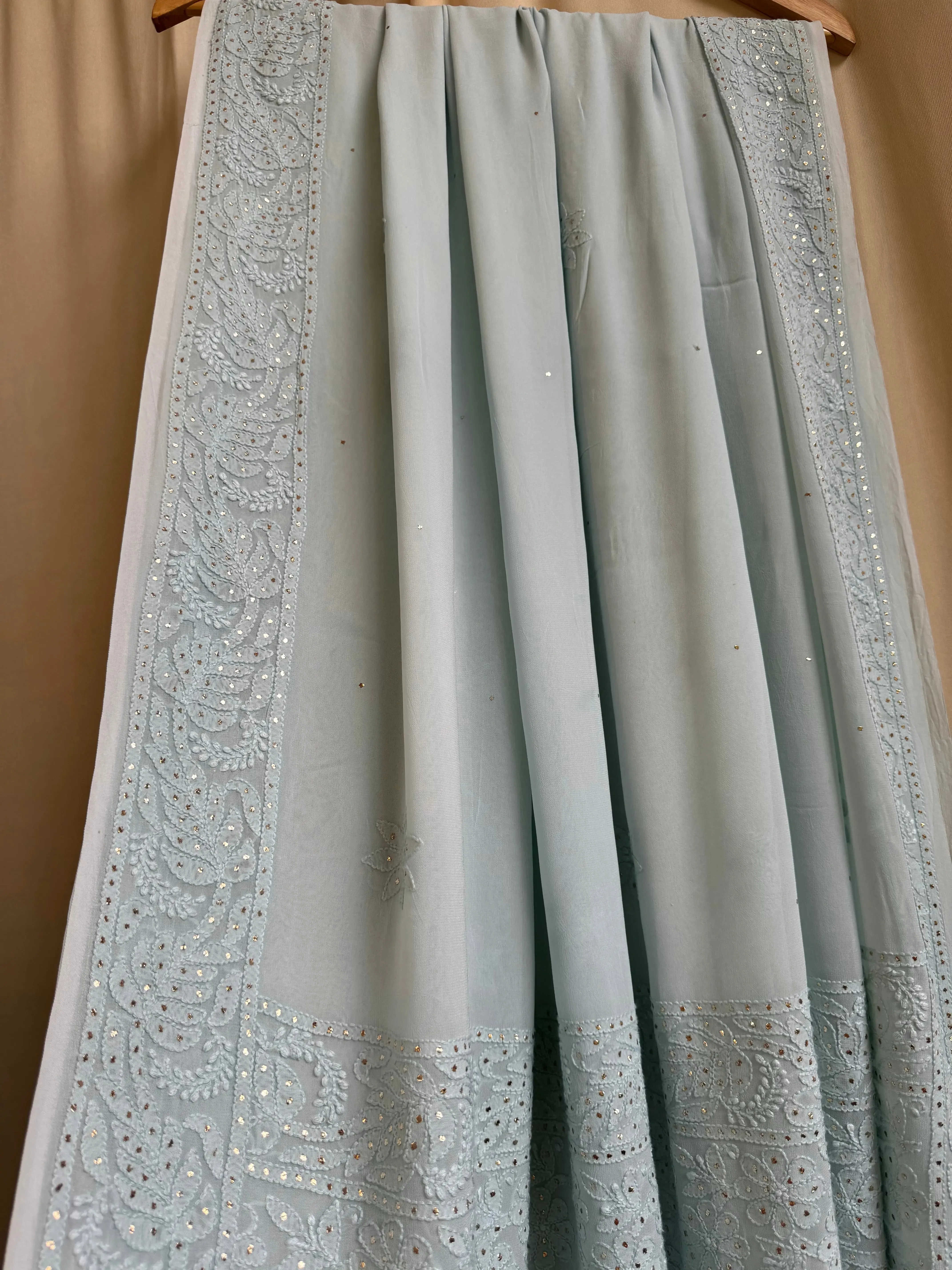 Viscose Sea Blue Chikankari saree with Mukaish Work