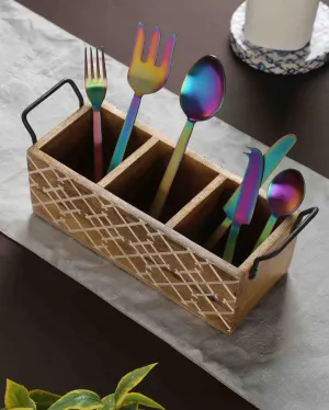 White & Natural Carved Cutlery Stand