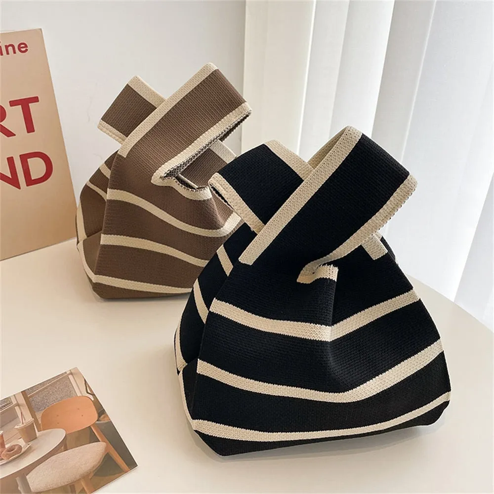 Wide Handle Striped Knitted Minimalist Handbag
