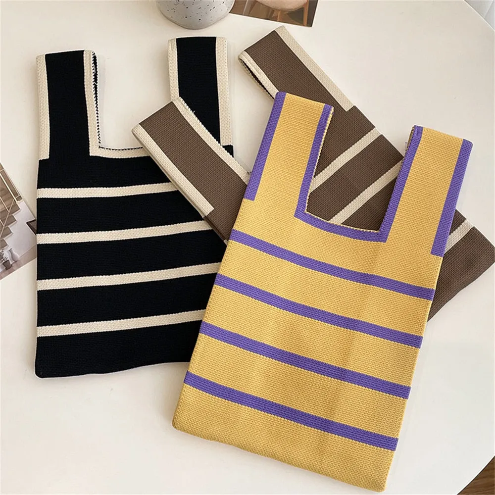 Wide Handle Striped Knitted Minimalist Handbag