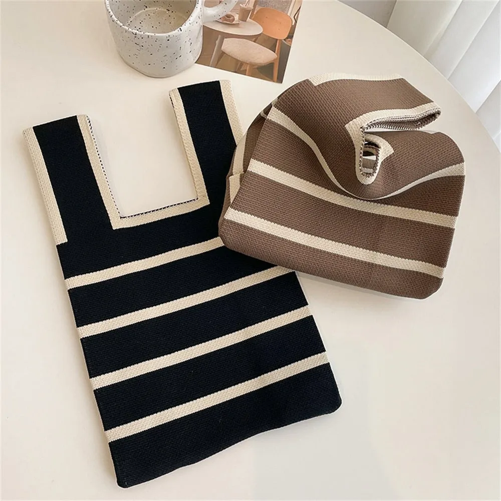 Wide Handle Striped Knitted Minimalist Handbag