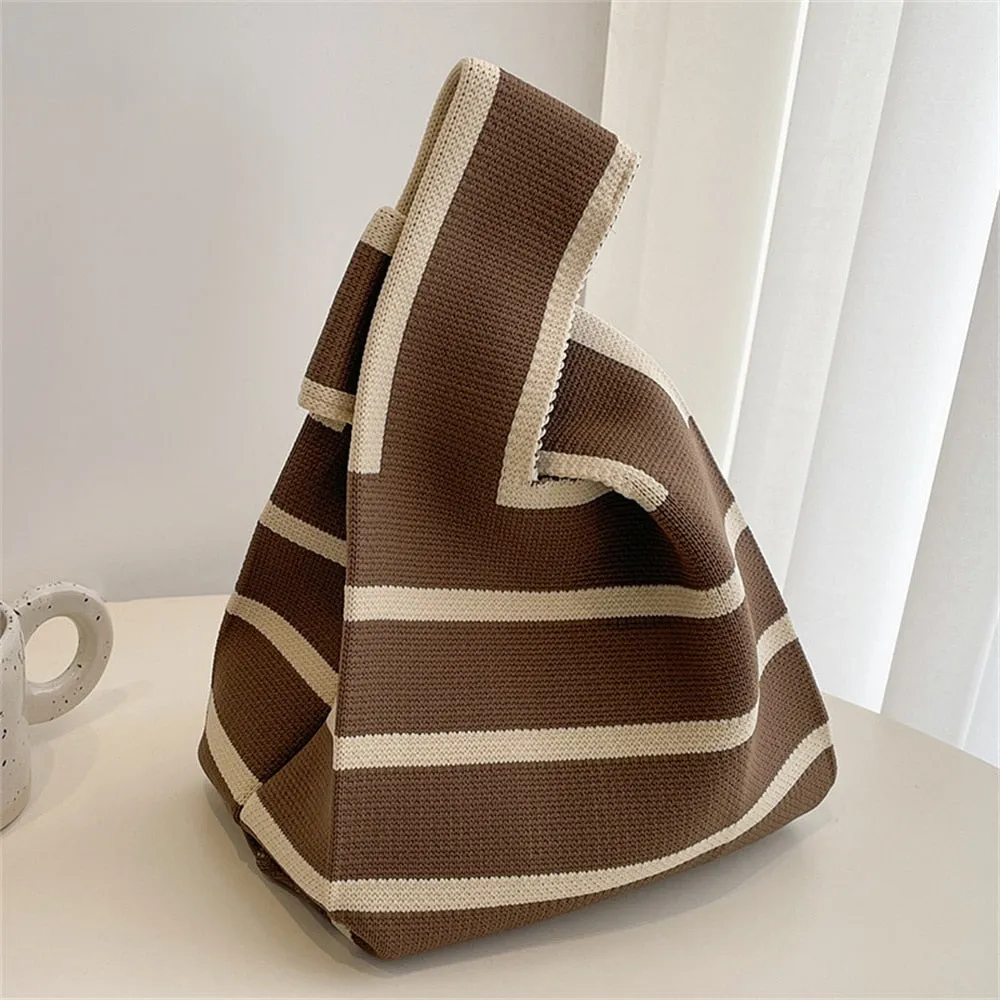 Wide Handle Striped Knitted Minimalist Handbag