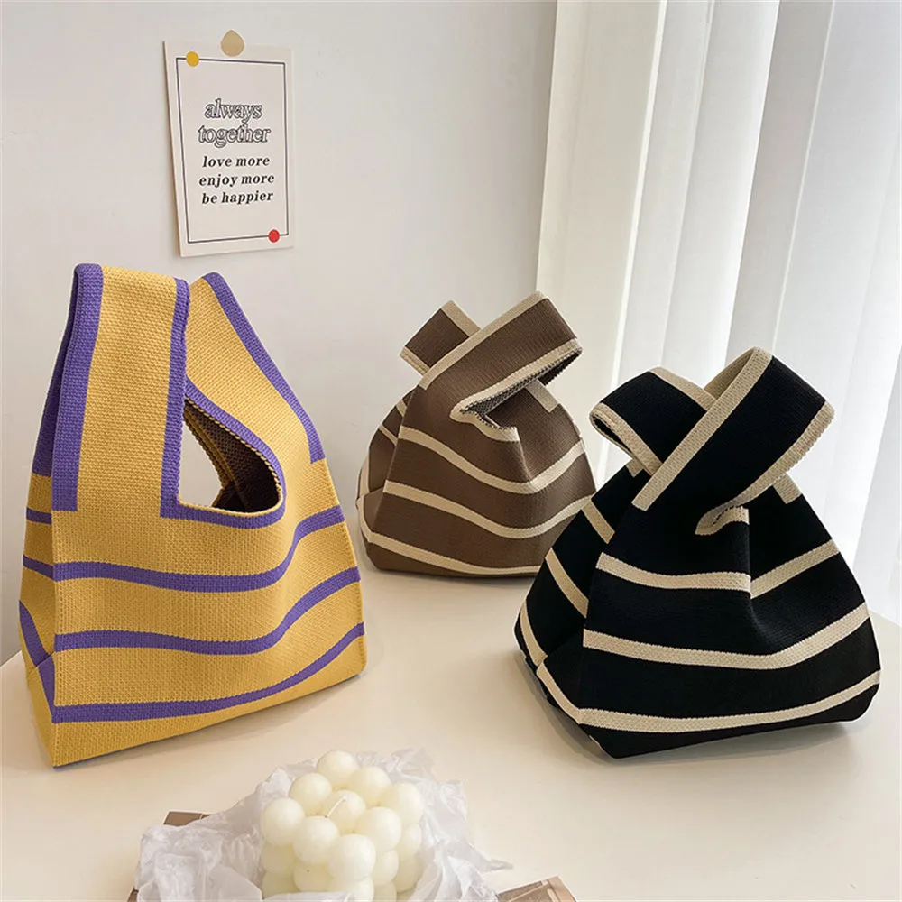 Wide Handle Striped Knitted Minimalist Handbag