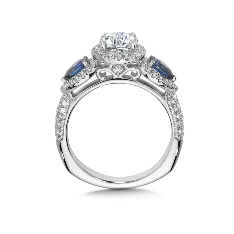 Wide Pear-Cut Sapphire & Diamond Halo Engagement Ring w/ Pave Shank