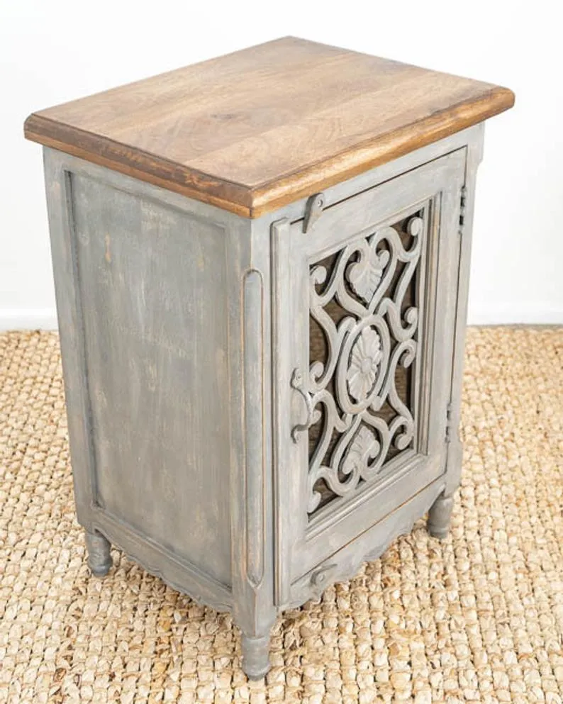 Wooden Hand Carved Nightstand  in Gray, Black & White Color | Handmade Bedside Table
