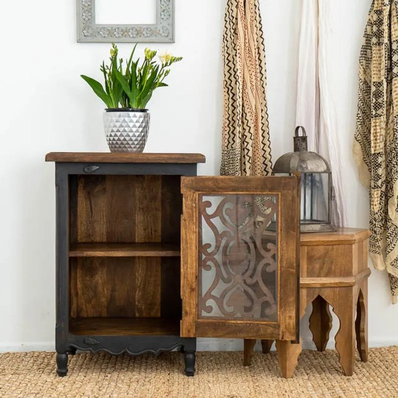 Wooden Hand Carved Nightstand  in Gray, Black & White Color | Handmade Bedside Table