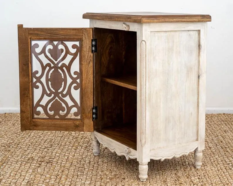 Wooden Hand Carved Nightstand  in Gray, Black & White Color | Handmade Bedside Table