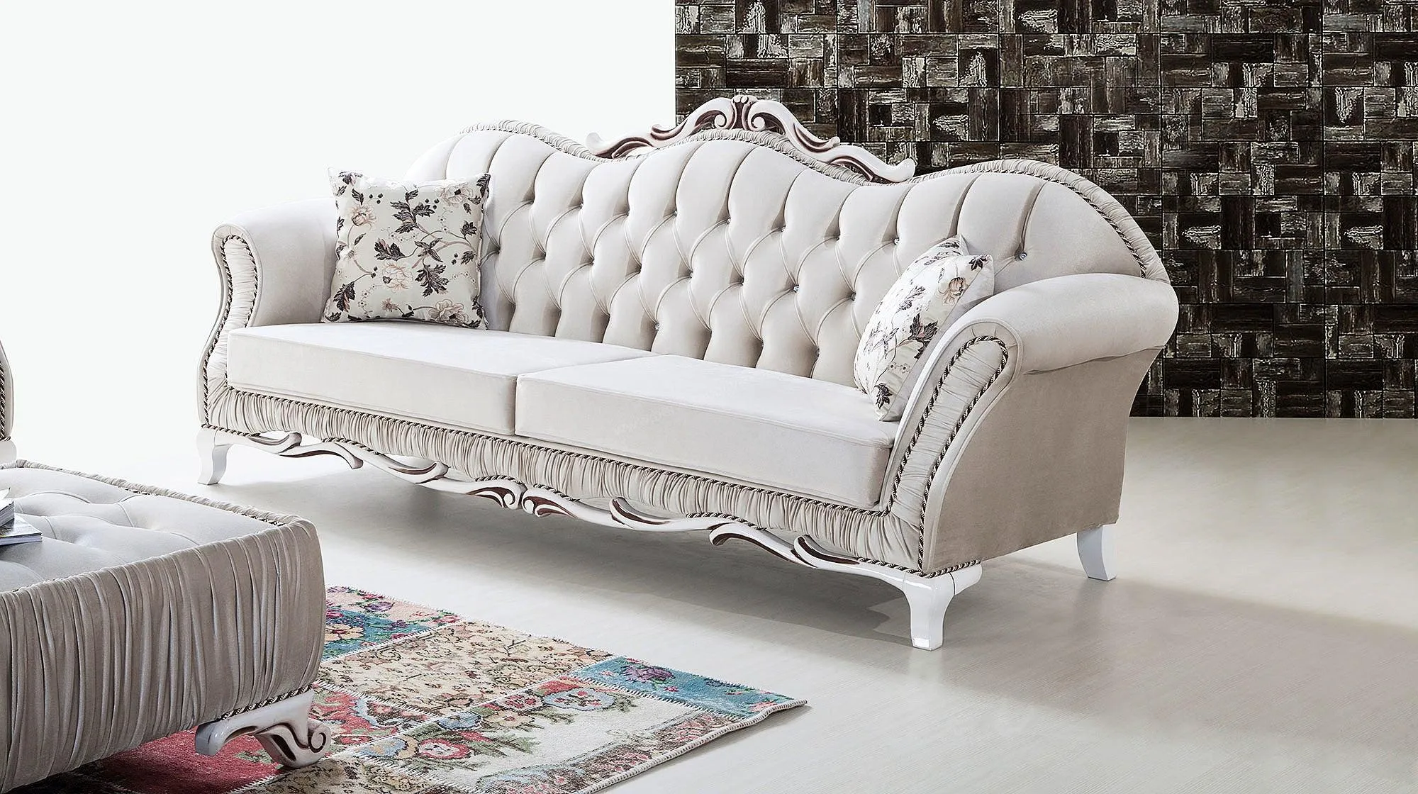Wooden Twist Hand Craved Estilo Tufted Teak Wood 3 Seater Sofa Set ( Silver )