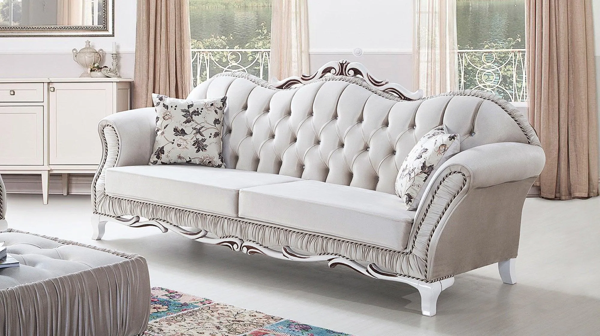 Wooden Twist Hand Craved Estilo Tufted Teak Wood 3 Seater Sofa Set ( Silver )