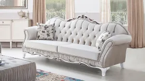 Wooden Twist Hand Craved Estilo Tufted Teak Wood 3 Seater Sofa Set ( Silver )