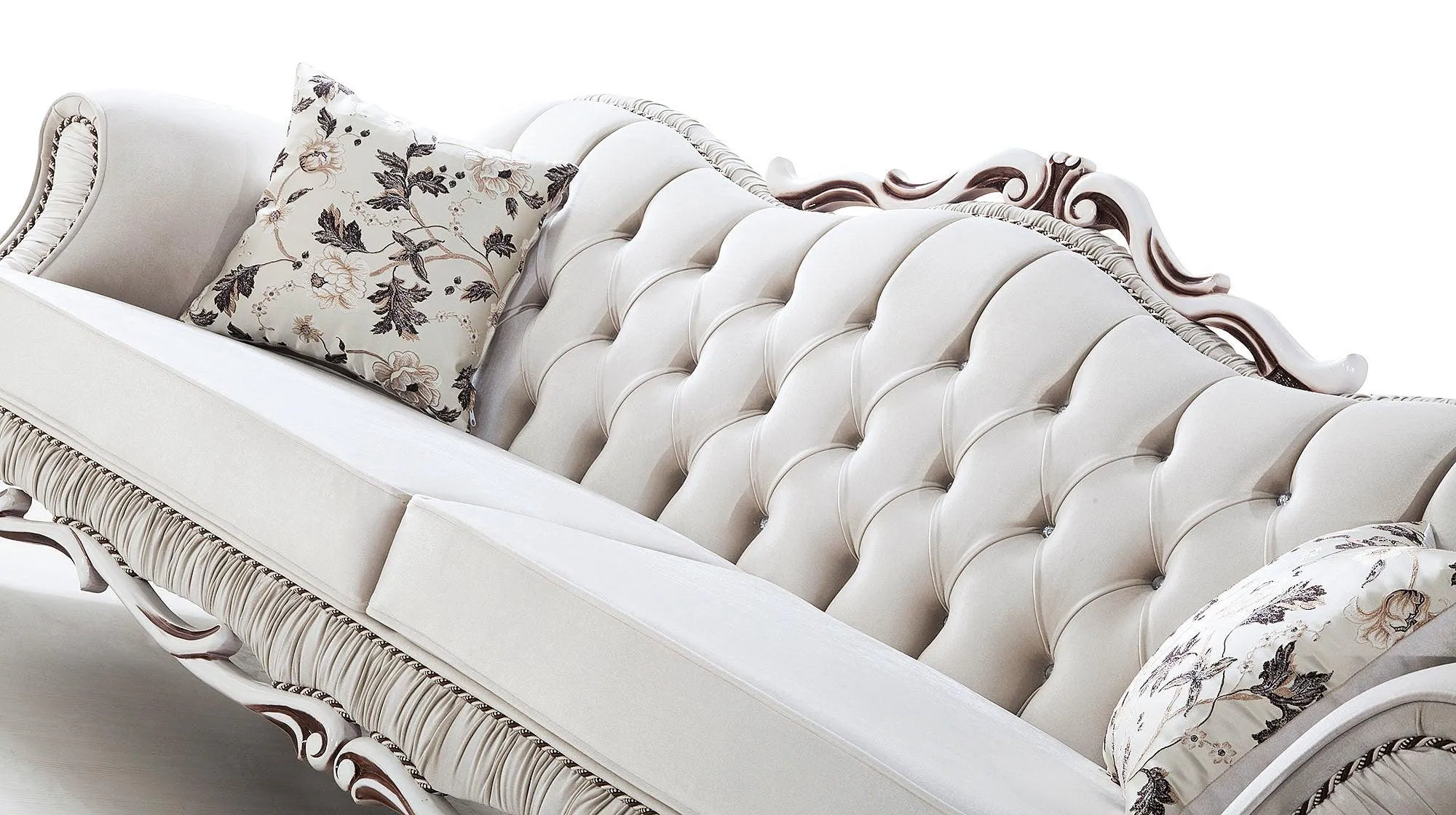 Wooden Twist Hand Craved Estilo Tufted Teak Wood 3 Seater Sofa Set ( Silver )