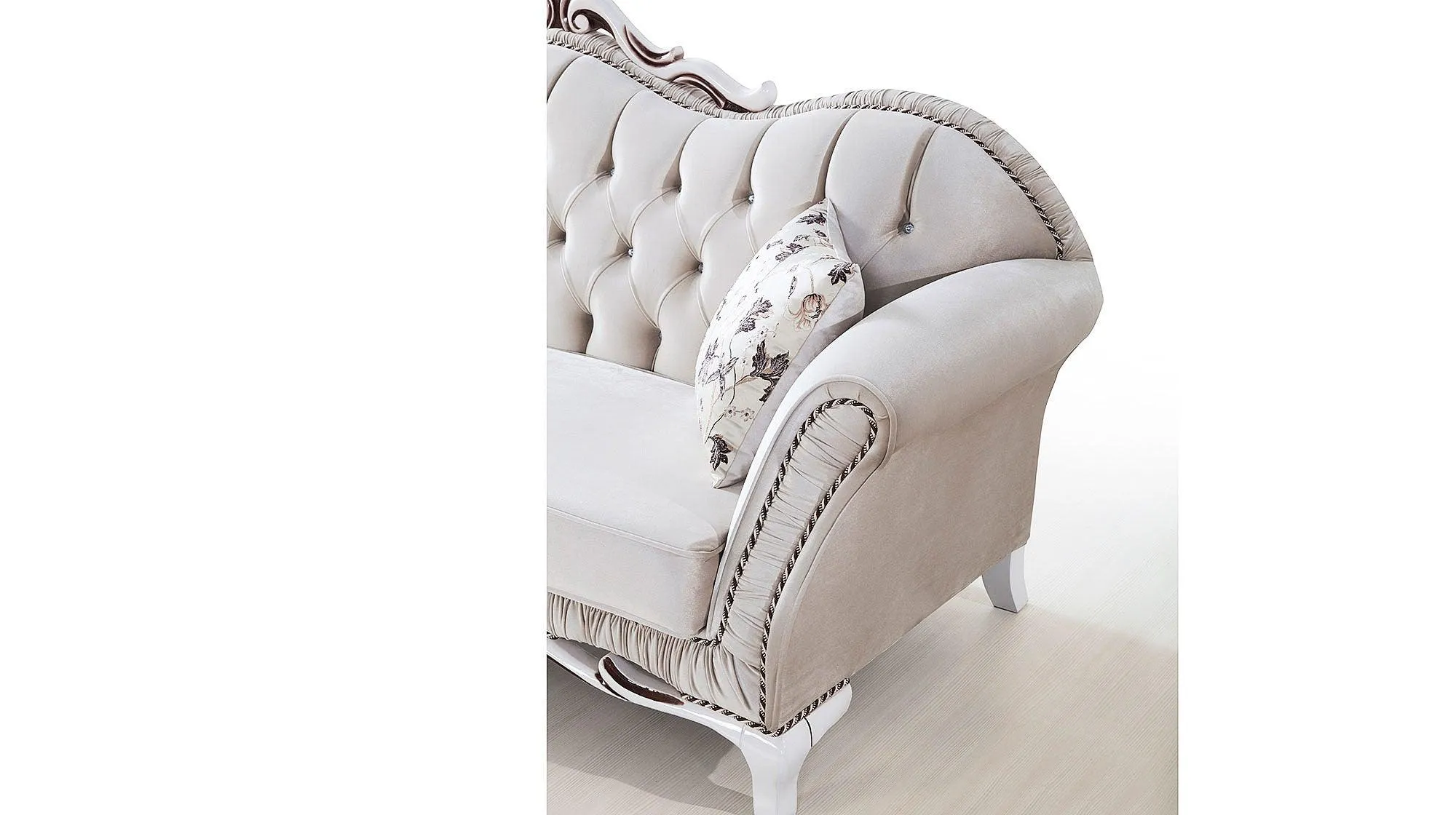 Wooden Twist Hand Craved Estilo Tufted Teak Wood 3 Seater Sofa Set ( Silver )