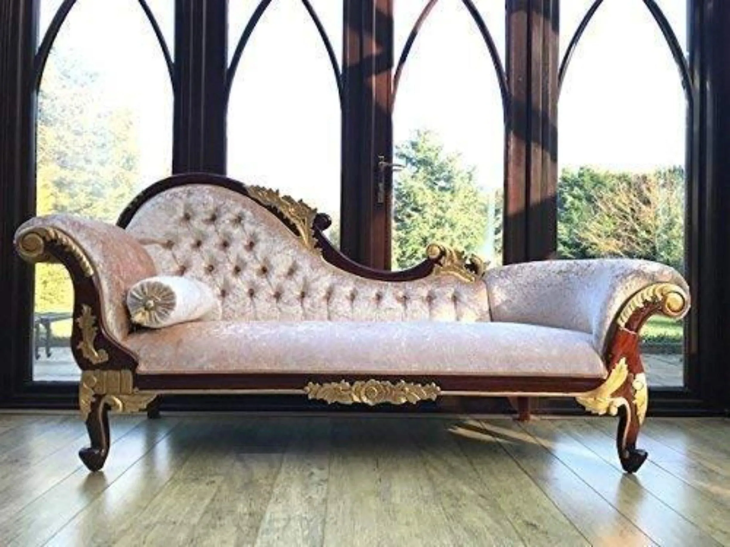 Wooden Twist Savour Designer Hand Carved Teak Wood Button Tufted Chaise Lounge