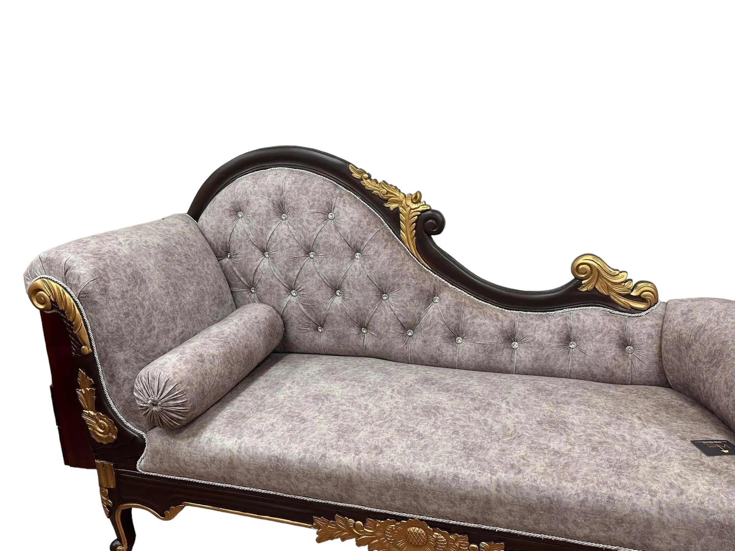 Wooden Twist Savour Designer Hand Carved Teak Wood Button Tufted Chaise Lounge