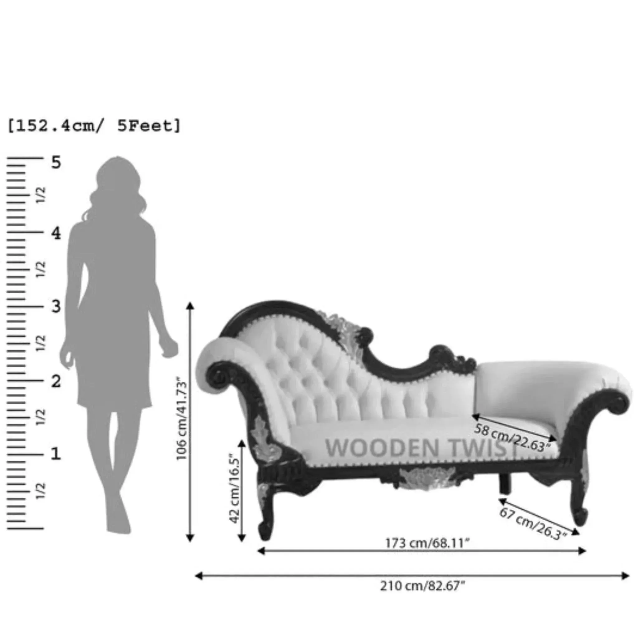 Wooden Twist Savour Designer Hand Carved Teak Wood Button Tufted Chaise Lounge
