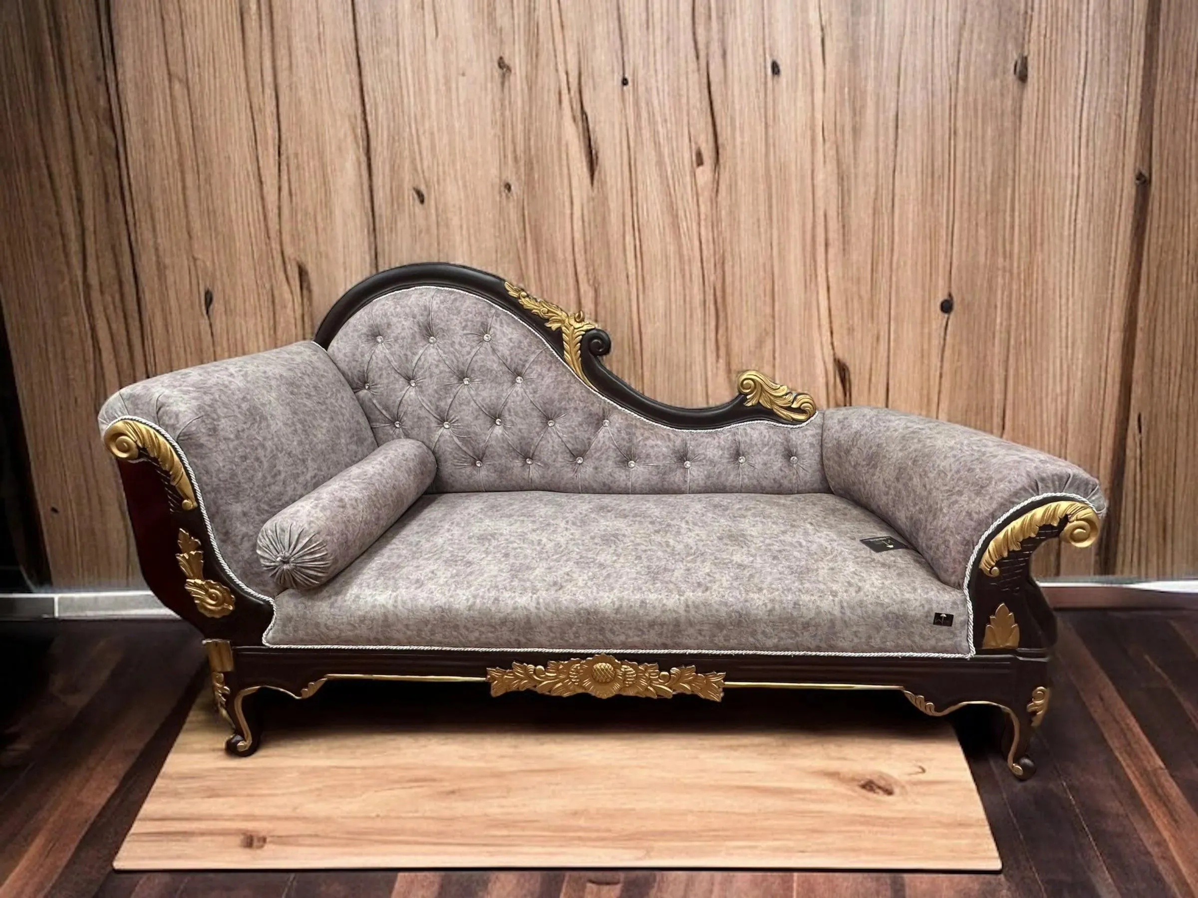 Wooden Twist Savour Designer Hand Carved Teak Wood Button Tufted Chaise Lounge