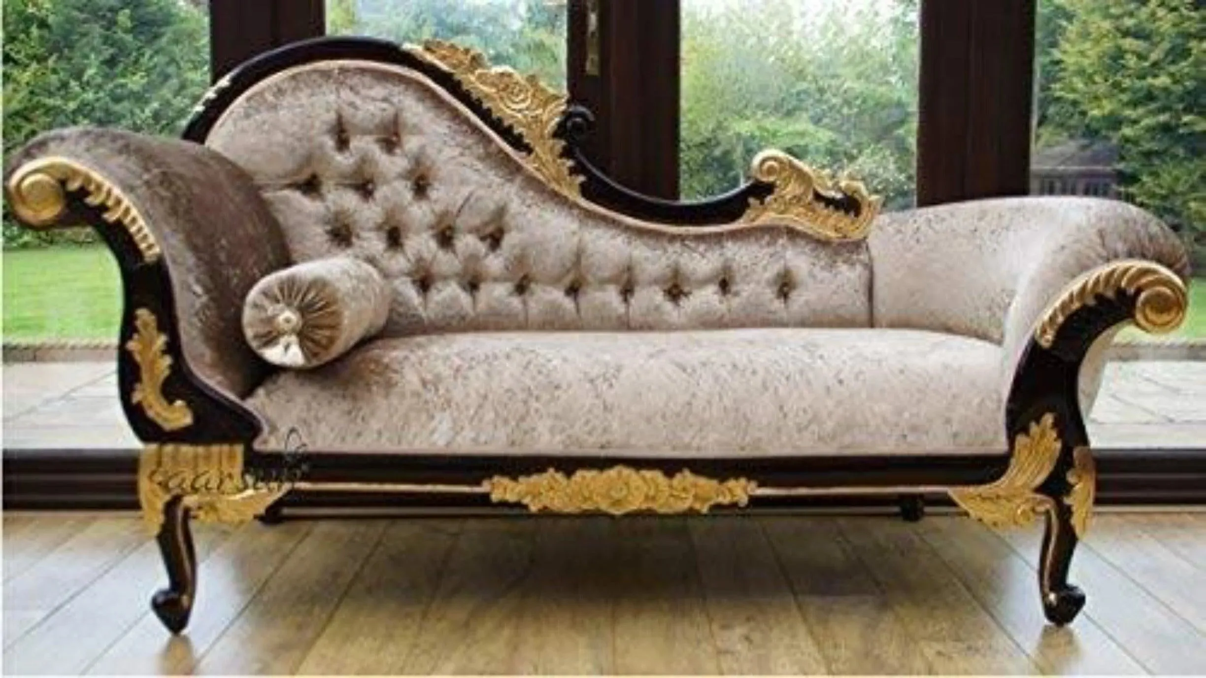 Wooden Twist Savour Designer Hand Carved Teak Wood Button Tufted Chaise Lounge