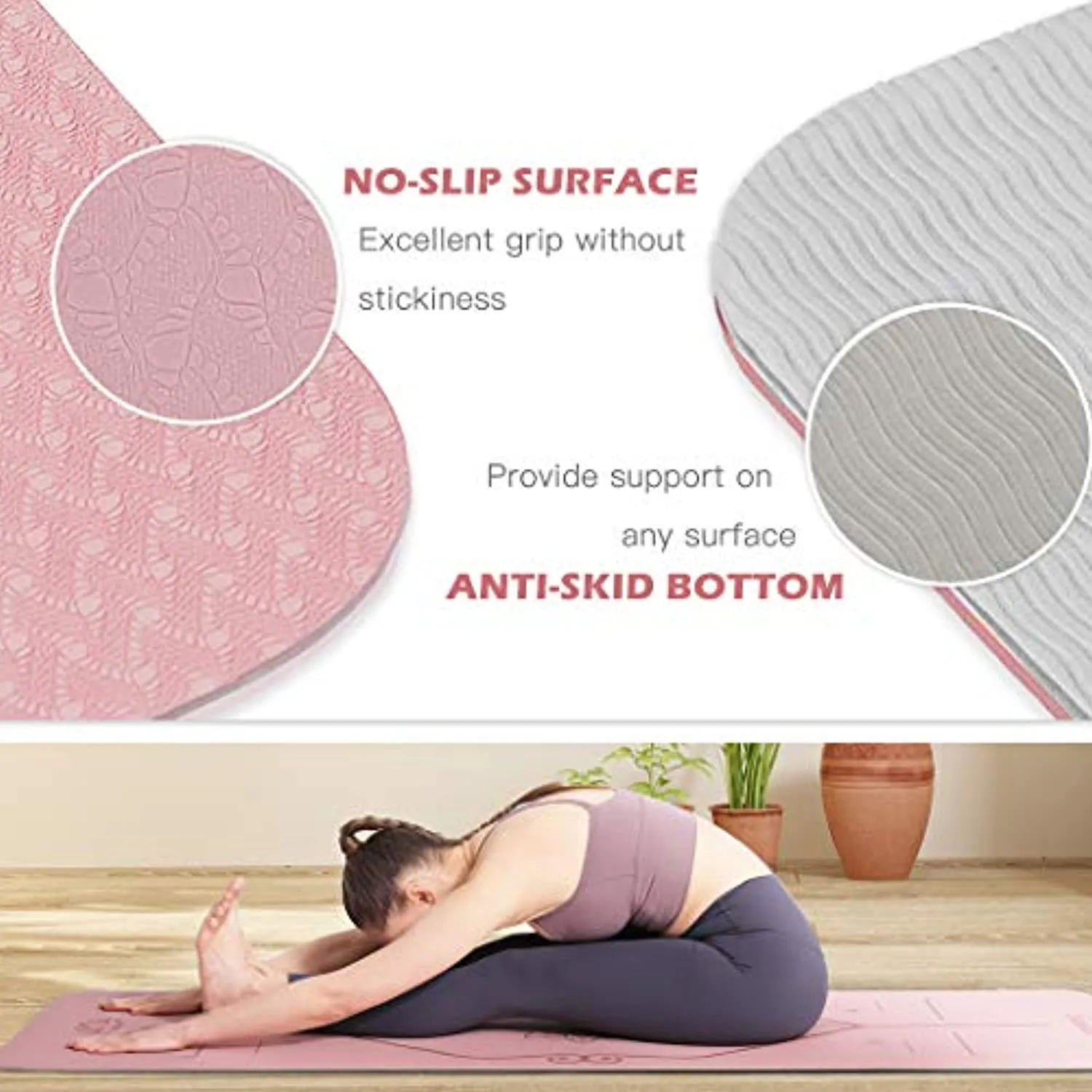 Yoga Mat Non Slip, Pilates Fitness Mats with Alignment Marks, Eco Friendly, Anti-Tear Yoga Mats for Women, Exercise Mats for Home Workout with Carrying Strap