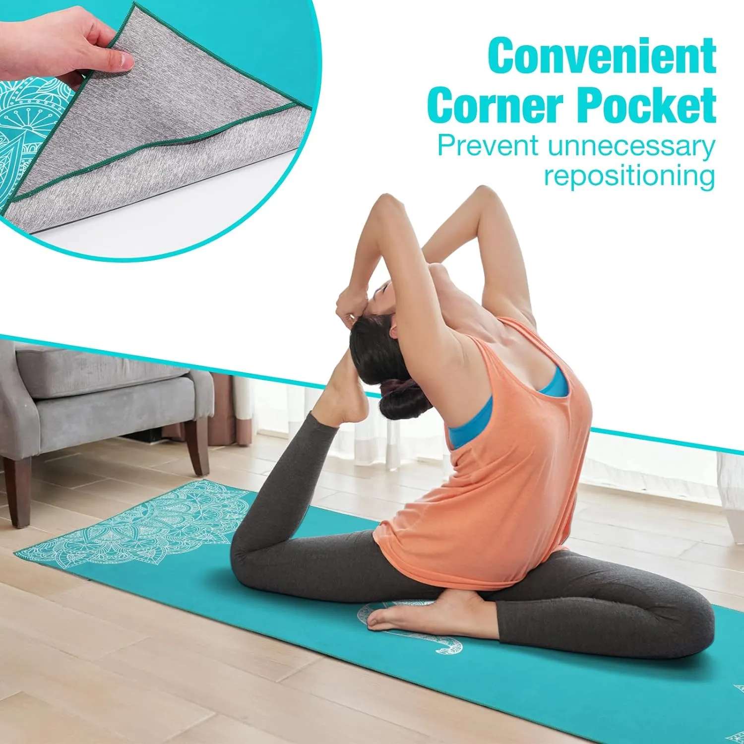 Yoga Towel, Non Slip Hot Yoga Mat Yoga Blanket Printing Pattern Quick Dry with Corner Pocket