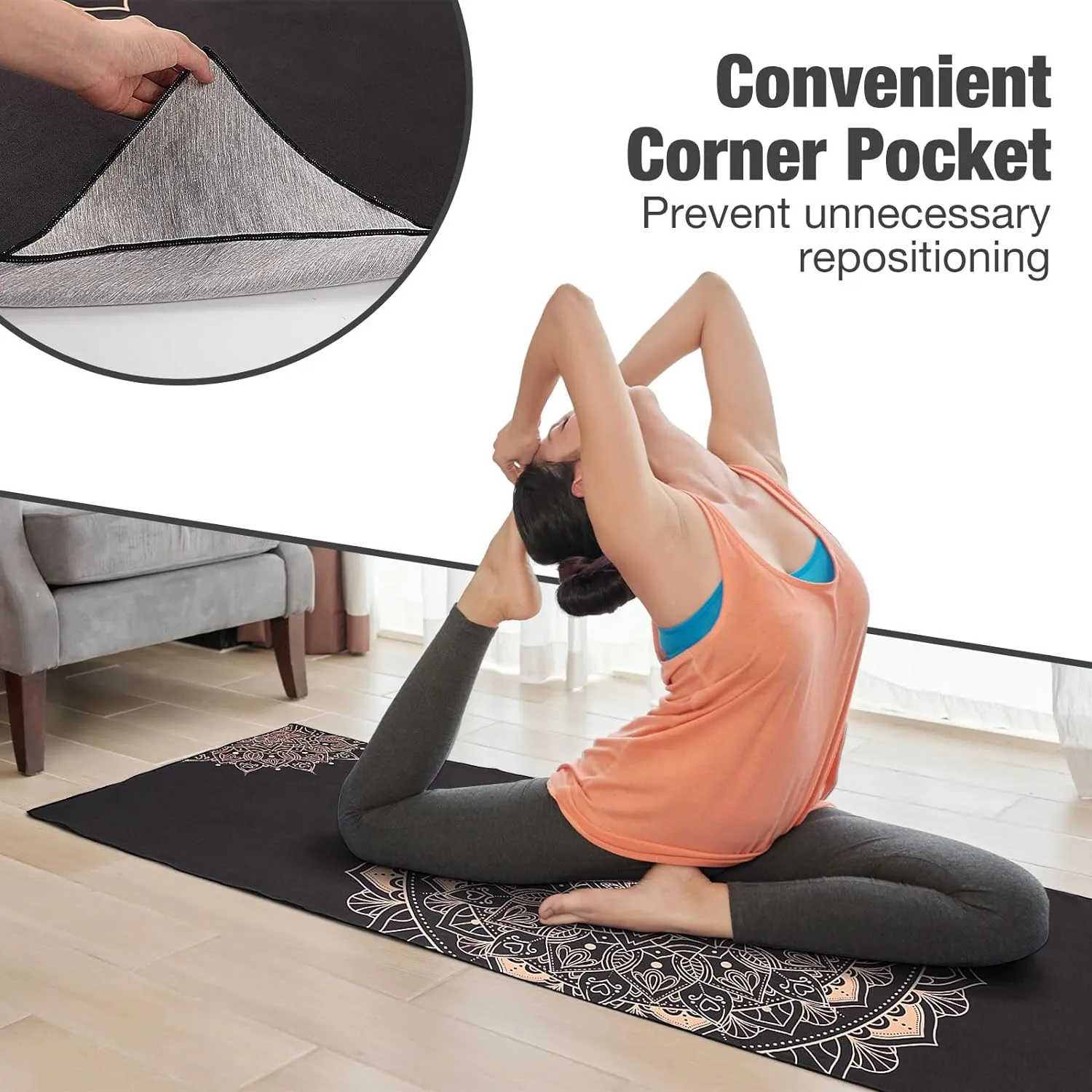 Yoga Towel, Non Slip Hot Yoga Mat Yoga Blanket Printing Pattern Quick Dry with Corner Pocket