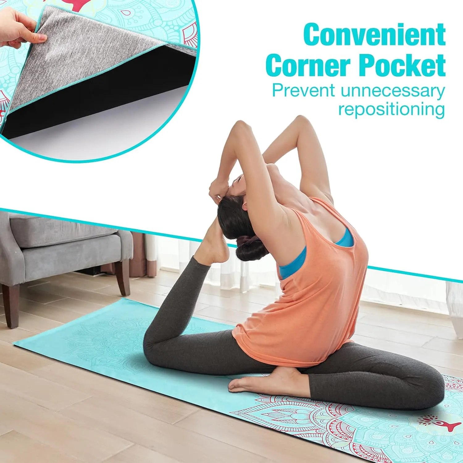 Yoga Towel, Non Slip Hot Yoga Mat Yoga Blanket Printing Pattern Quick Dry with Corner Pocket