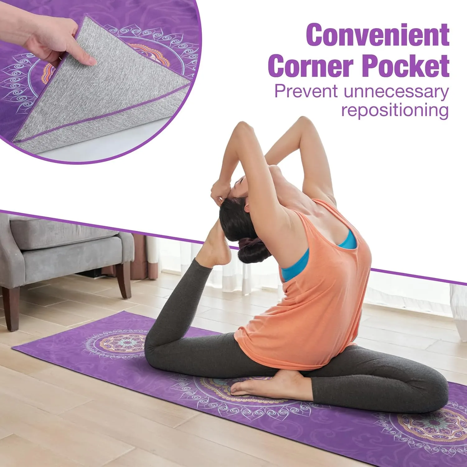 Yoga Towel, Non Slip Hot Yoga Mat Yoga Blanket Printing Pattern Quick Dry with Corner Pocket