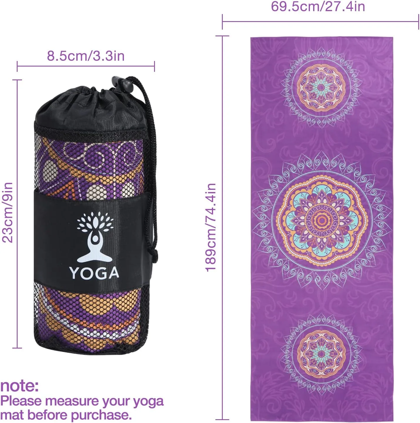 Yoga Towel, Non Slip Hot Yoga Mat Yoga Blanket Printing Pattern Quick Dry with Corner Pocket